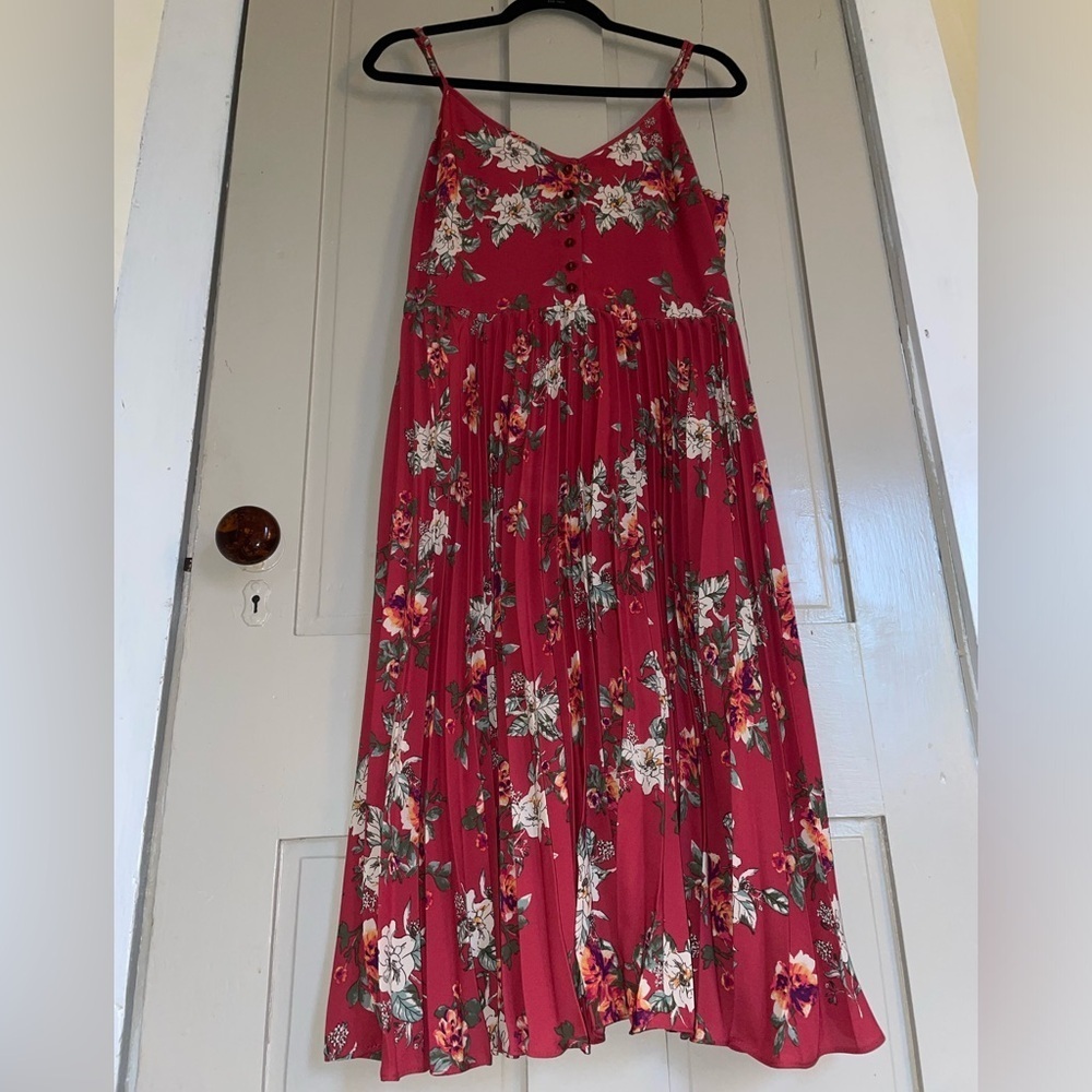 Xhilaration Red and White Multicolor Pleated Maxi Sundress Adjustable Straps - Picture 2 of 7